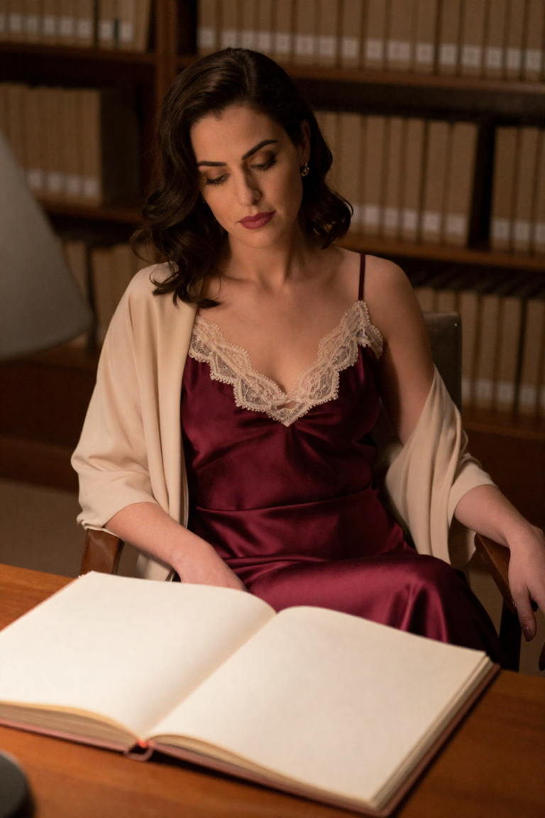 Mabel in a burgundy silk slip dress in the archive reading chair, Heiliao001